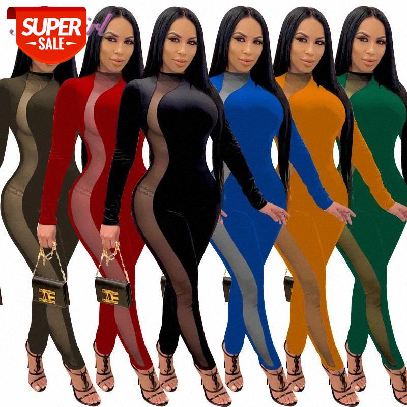 

elegant Sheer Mesh See Through patchwork skinny jumpsuit women sexy velvet long sleeve night party rompers outfit overallsalls #C77x, Black;white