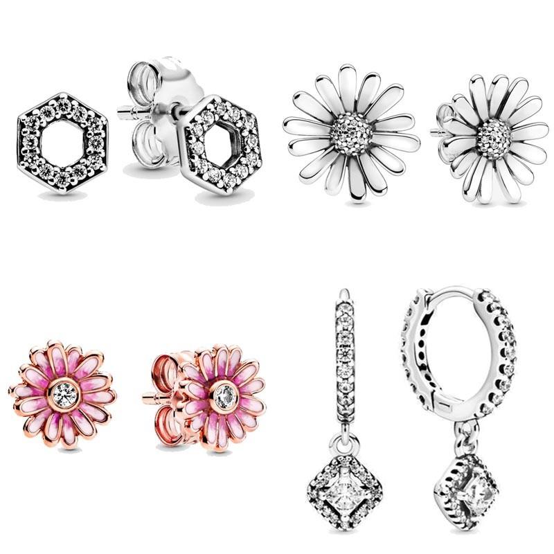 

Stud 2021 925 Sterling Silver Daisy Flower Square Sparkle Honeycomb Hexagon Pan Earring Studs For Women Gift Diy Jewelry