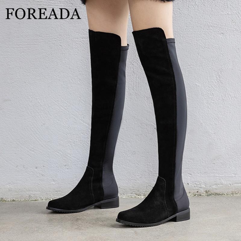 

FOREADA Med Heel Over The Knee Boots Woman Real Leather Riding Boots Block Heel Shoes Zip Female Long Autumn Winter 33-401, Black cow velvet lin