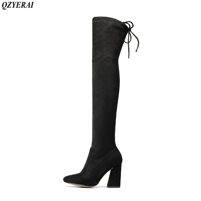 

Ladies Autumn/Spring Shoes Square High Heel Women Over The Knee Boots Scrub Black Woman Motorcycle Boots Size 34-43
