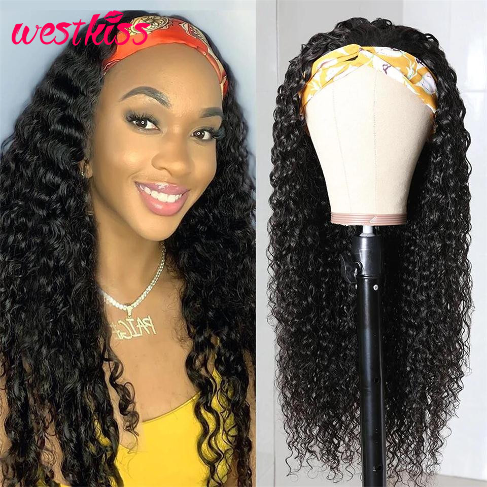 

West Kiss Deep Wave Human Hair Wig Brazlian Headband Wigs Glueless Full Machine Made Wigs For Black Women 180% Density Remy Hair, As pic