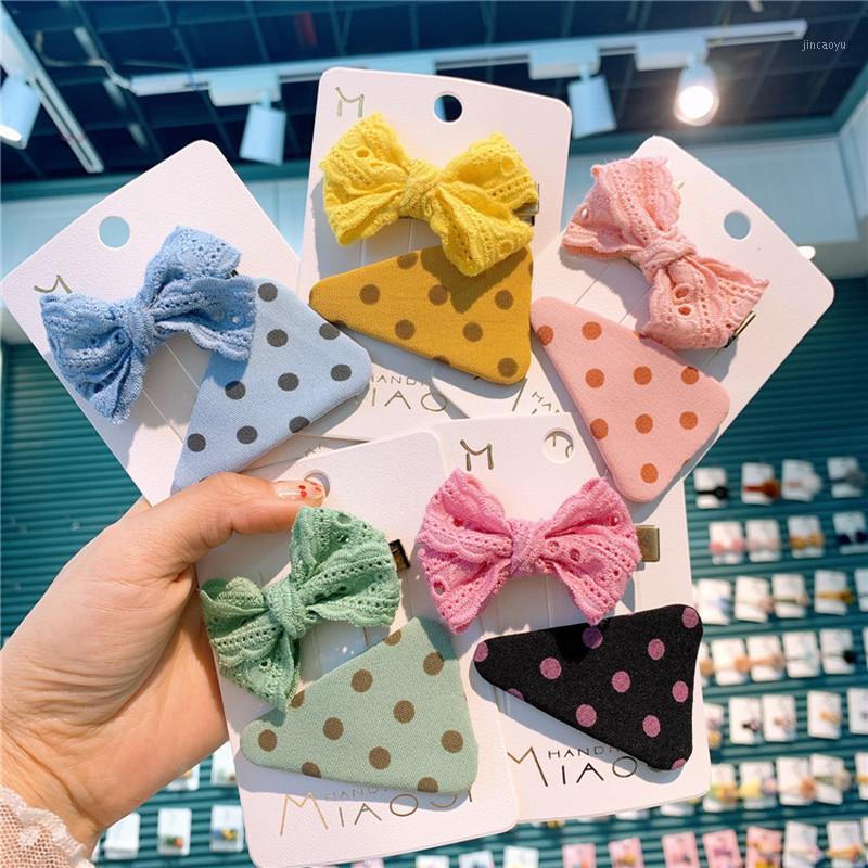 

2 Pcs New Korea Sweet Girl Simple Dots Fabric Triangle BB Clip Fashion Children Princess Lace Bow Duckbill Clip Hair Accessories1