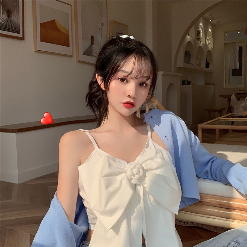 

Fat mm Large Bow White Camisole Women's Summer Outer Wear Korean-style Short Sleeveless Underwear Base Tops