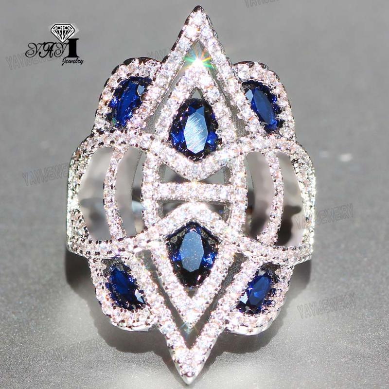 

YaYI Jewelry Princess Cut 7.1 CT Blue Zircon Silver Color Engagement Rings wedding Heart Rings Girls Party Gifts 820