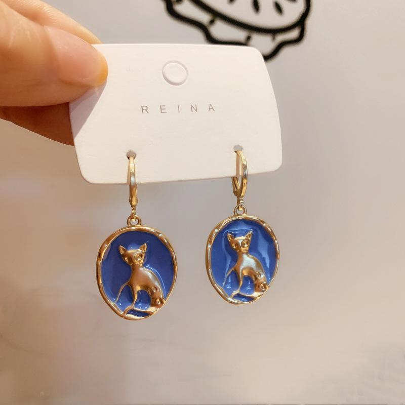 

Fashion Cute Cat Earrings Trendy Blue Golden Coin Round Pendant Earrings For Women Girls Party Jewelry
