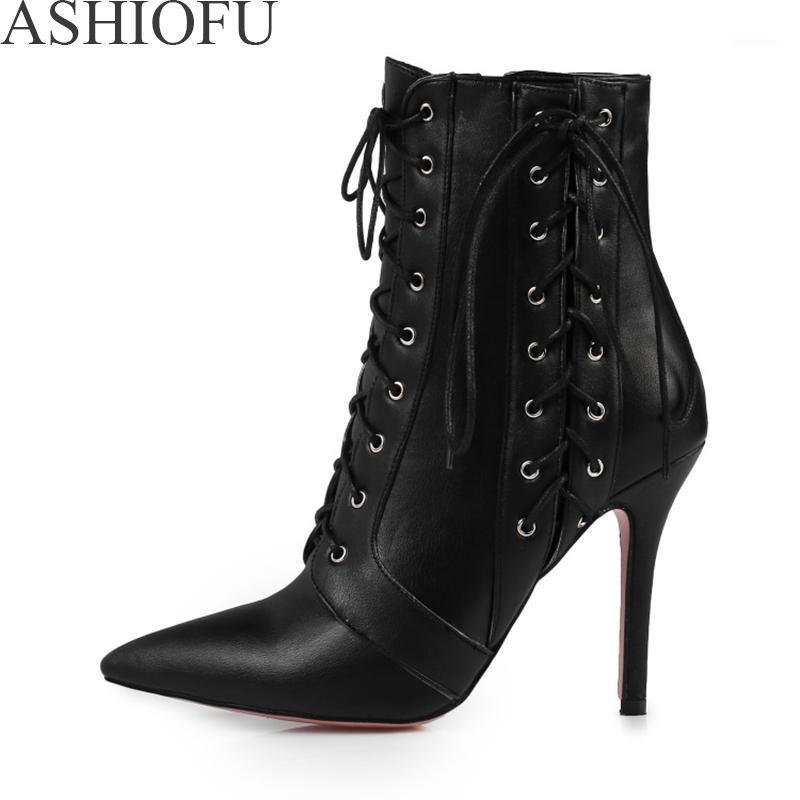

ASHIOFU New Arrival Women High Heel Boots Shoelace Pointed Toe Party Prom Ankle Booties Large Size Fashion Club Boots Shoes1, Black