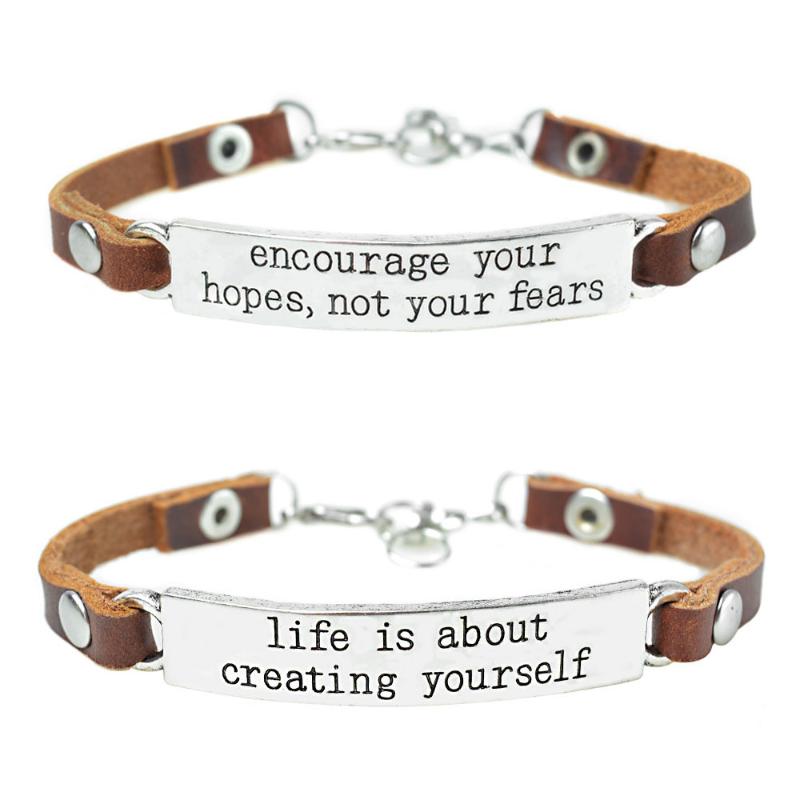 

Genuine Leather Bracelet Bangle for Men Women Letter Engraved Inspiration Bracelet Nameplate Charm Friendship Jewelry
