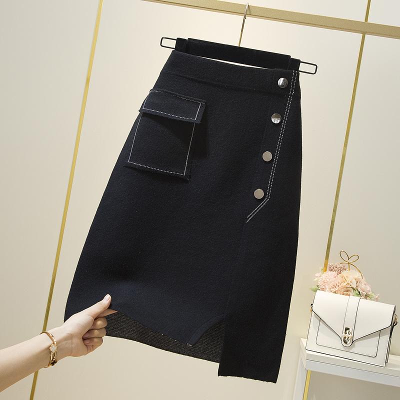 

Before Split Skirts Knitting 2020 new autumn and winter irregular long step fashion bag hip skirt show thin, See chart