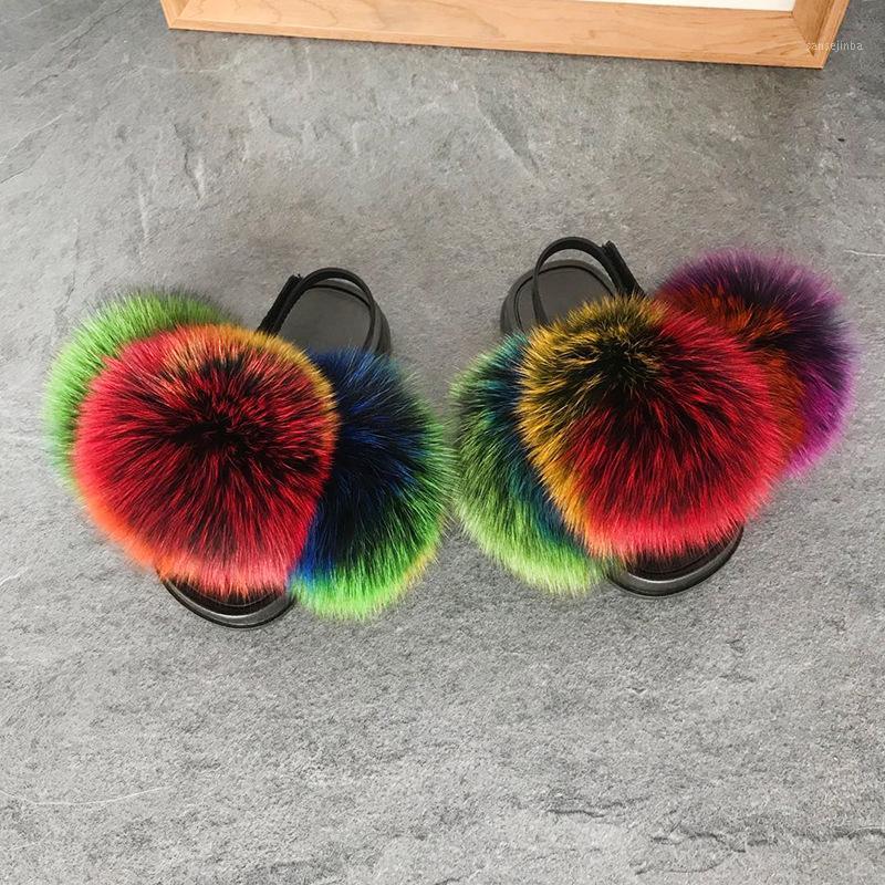 

Pom Pom Children's Fur Slippers Non-slip Slides Baby Elastic Shoes Girls Fluffy Furry Sandals Kids Rainbow Slippers1, As the picture shows