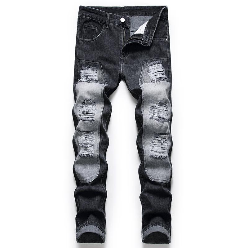 

European American Style Hole Jeans Men Patchwork Ripped Straight Slim Full Length Denim Retro Trousers Male Wild, Black