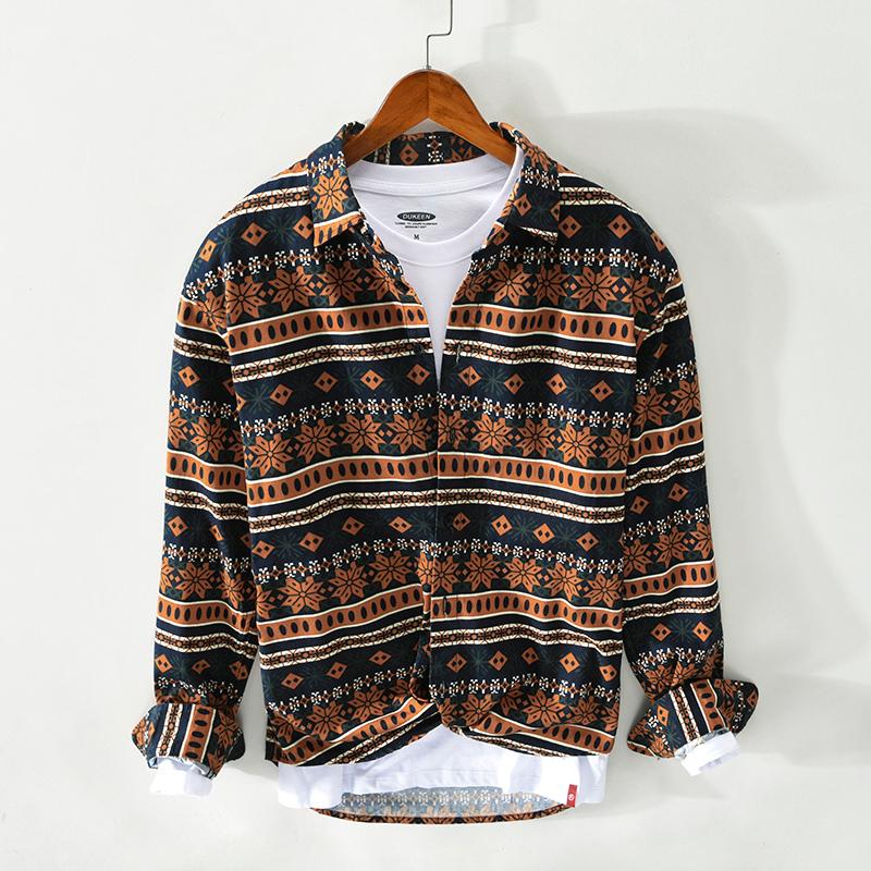 

Spring Autumn Fashion Men Shirts High Quality Printed Designer Stripe Casual Cotton Tropical Style Long Sleeve Shirt Hombre, Brown