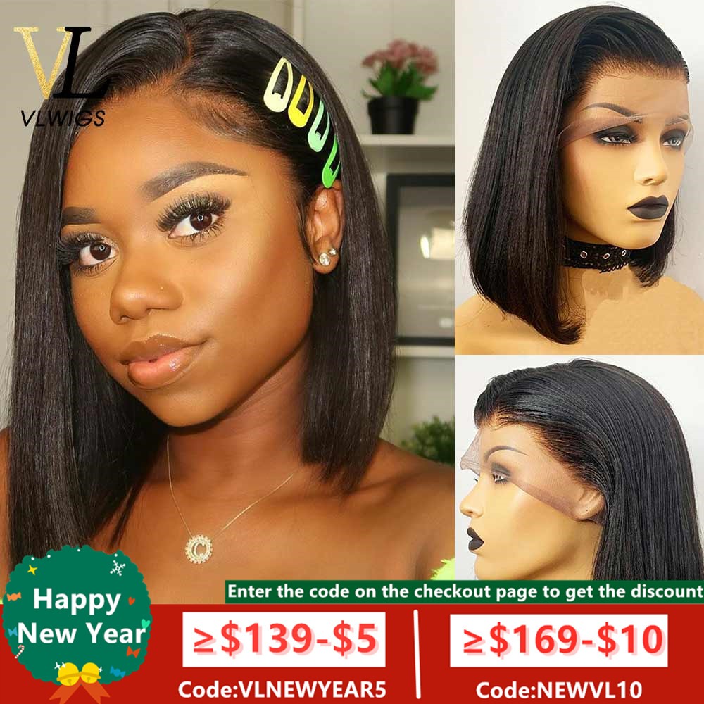 

VLwigs Short Straight Brazilian Virgin Remy human wig Black Side Part Lace 13*4 Lace Front Wig Pre-Plucked Natural Hairline VL29