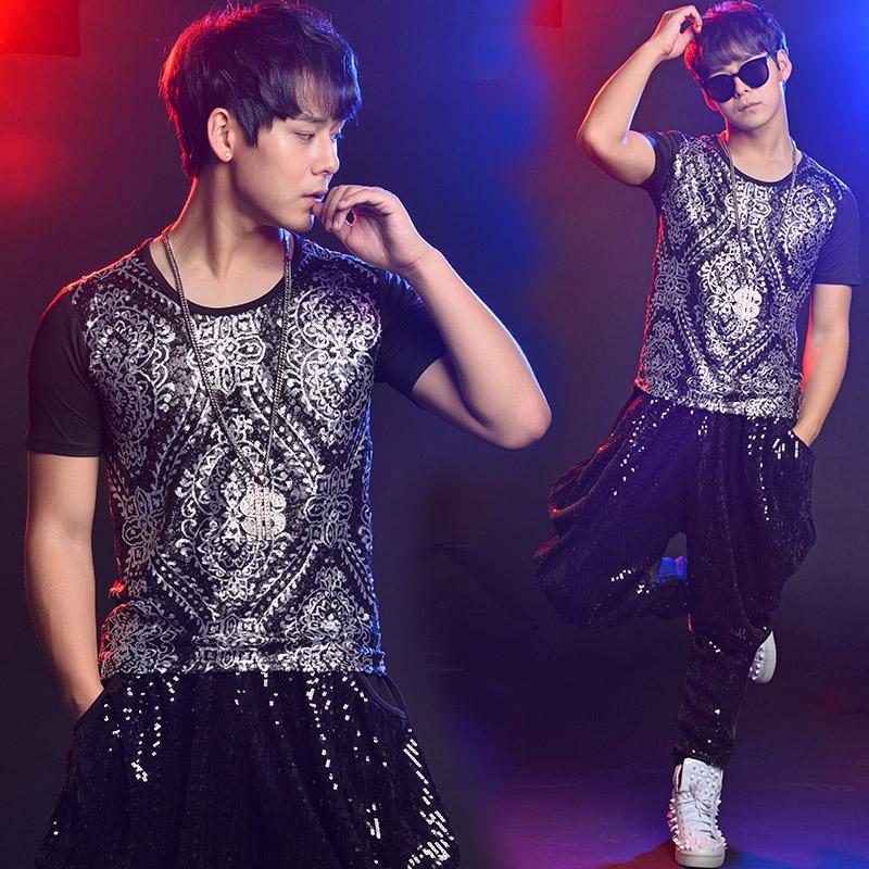

Jazz Dance Costumes Hip Hop Dancing Clothes DJ Sequined Short Sleeve Tops Clothing Sexy Man Stage Club Performance Wear DWY490, Black