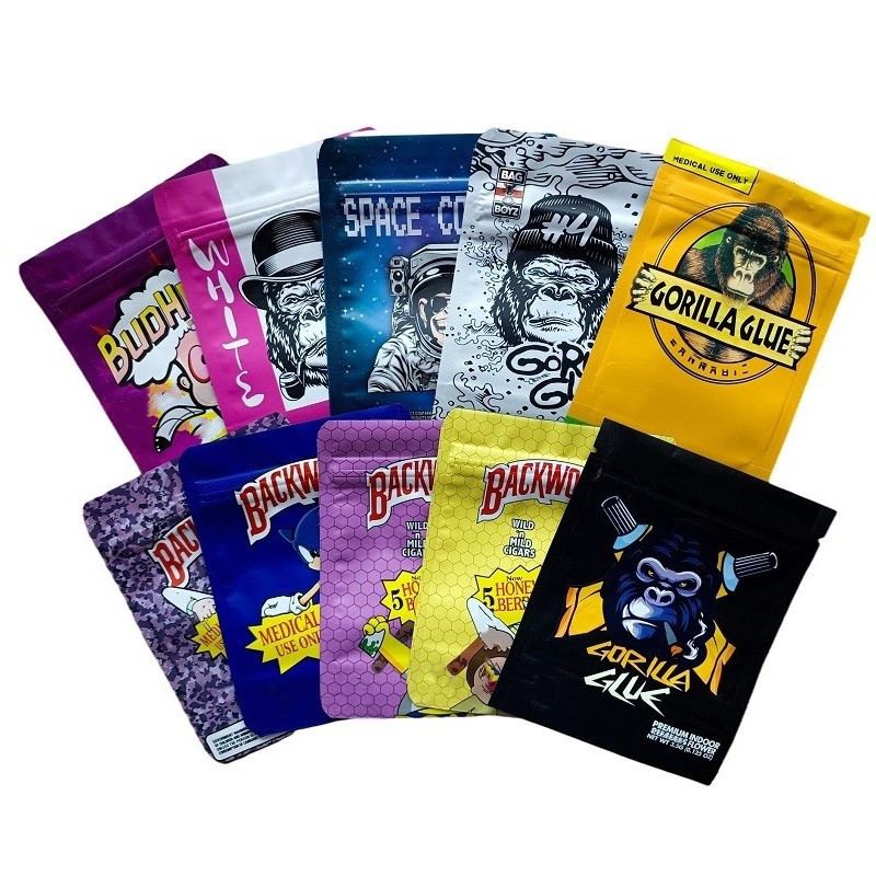 

Packaging Mylar Bags Backwoods Pouch Bag Space Gorilla Glue Crunch Tobacco Berryies Cocoa Puffs Rees Trix Edibles Rope Smell Proof Pack Froot Loops Zkittez