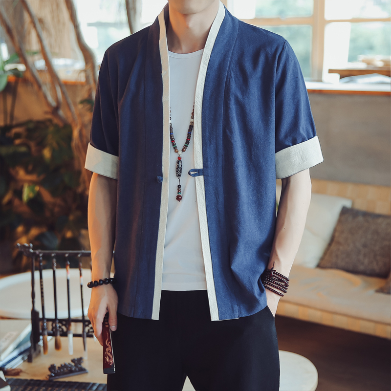 

2021 Chinese Style Half Sleeve Solid Casual Cotton Streetwear Man Kimono Shirt Men Clothes New Svgp, White