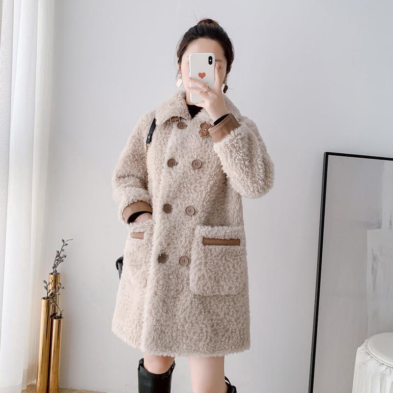 

Plus Size Winter Women Loose Thick Warm Oversized Real Wool Fur Outwears Female Double Breasted Sheep Shearing Fur Coats Z112, Creamy-white