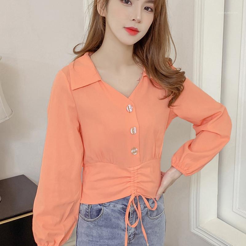 

Women' Blouse Spring And Autumn Pure Color V Neck Puff Sleeve Drawstring Top Sexy Form Fitting Women Long Sleeved Shirt1, Orange