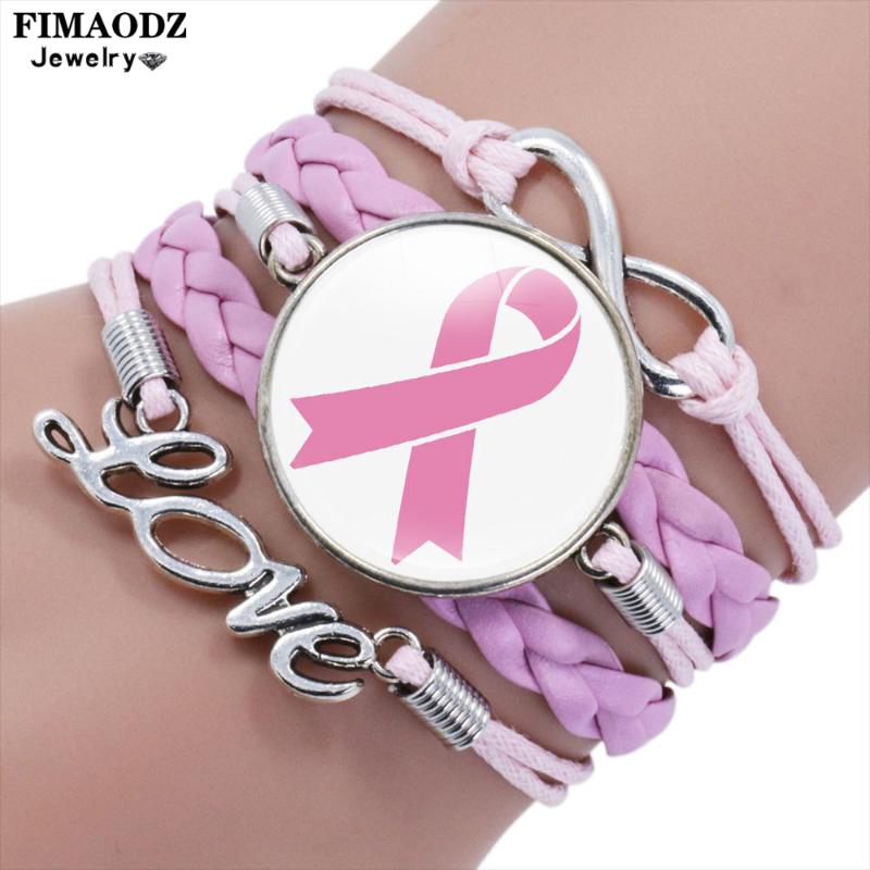 

FIMAODZ Breast Cancer Awareness Bracelet For Women Pink Ribbon Handmade Charm Leather Bracelets Rope Wrap Bangle Hope Jewelry