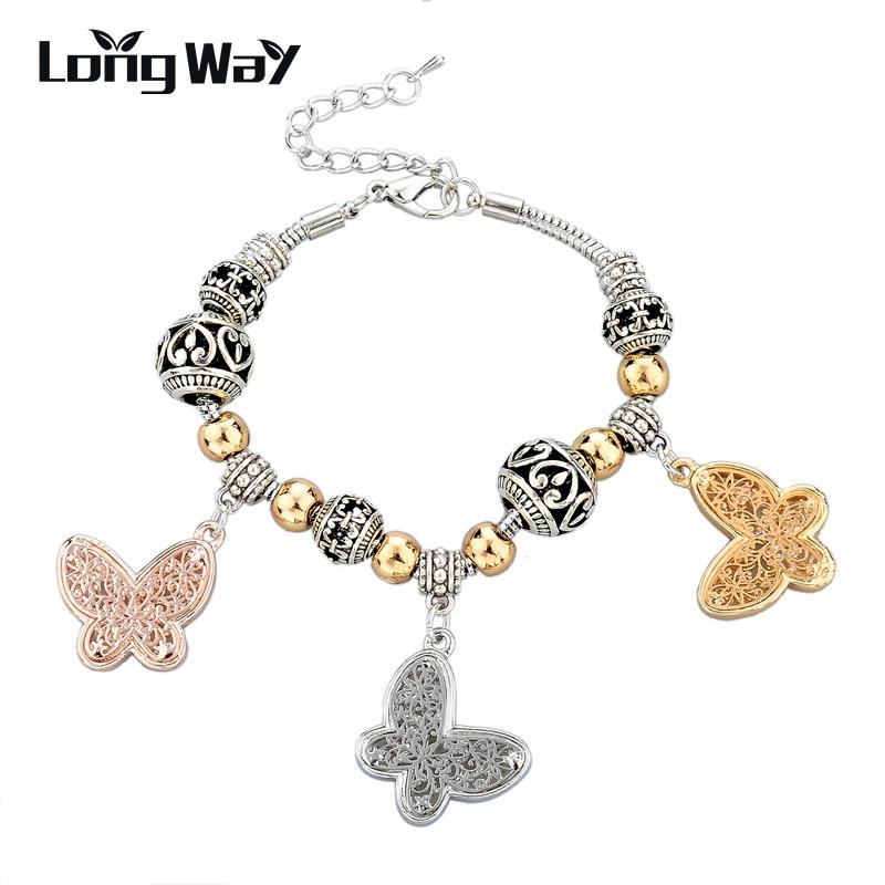 

LongWay Jewelry Silver Color Bracelets Bangles For Women DIY Charm Beads Snake Chain Bracelet Vintage Butterfly Bijoux SBR140343