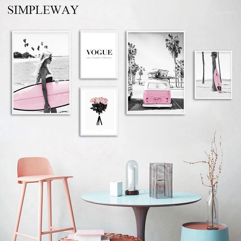 

Beach Pink Surfboard Landscape Fashion Poster Nordic Wall Art Canvas Print Vogue Painting Modern Girls Room Decoration Picture1