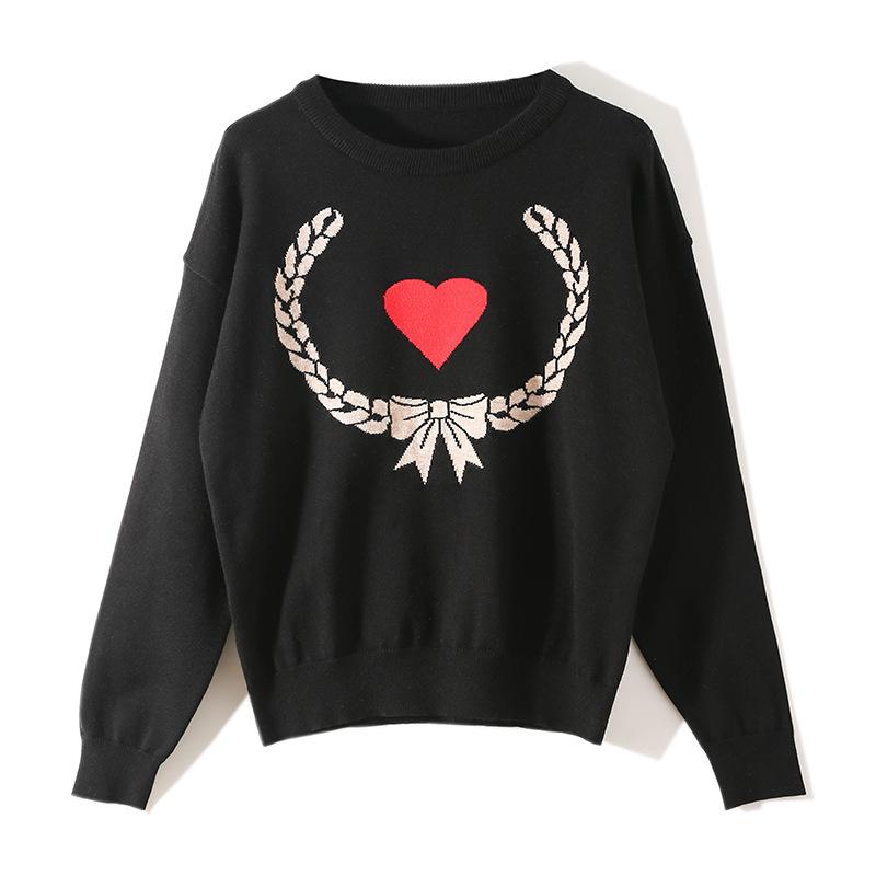 

2020 Autumn Winter Korean Version Women' Hearts Wheat Flower Interlace Pullover Sweater Long-Sleeved Love Jacquard Knit Jumpers, Black