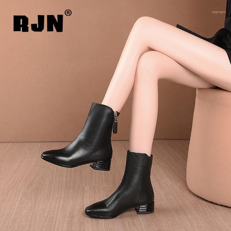 

RJN Winter Warm Ankle Boots Woman Genuine Cow Leather Square Toe Med Square Wave Shape Heel V Shape Tassel Lady Shoes RO4441, Black