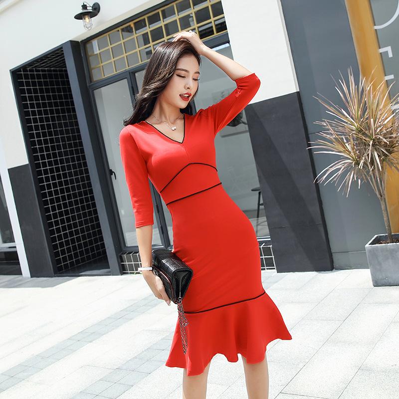 

2020 Spring Sexy Party Bodycon Mermaid Office Dresses Women Three-quarter Sleeve V Neck Dresses Vintage Bandage Dress Vestidos, Black
