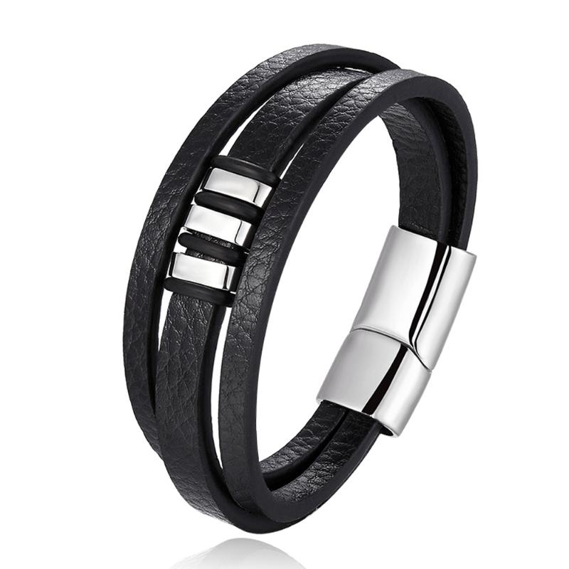 

Genuine Leather Bracelet For Men Black Braided Leather Bracelet Bangle Magnetic Wristband With Black Stainless Steel Ornaments