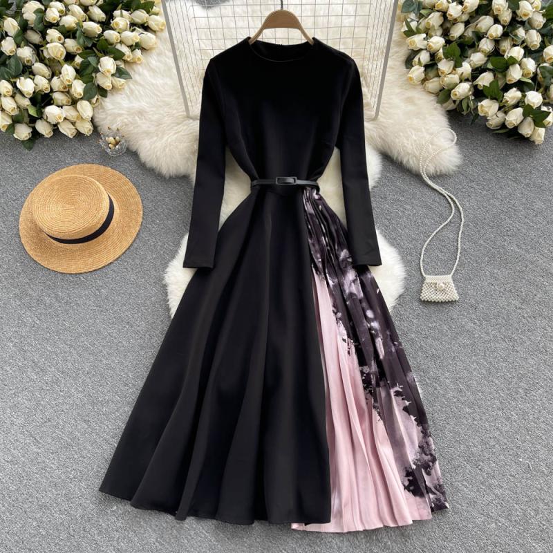

New Autumn Casual Solid Slim Lady Full Dress A Line O Neck Chiffon Pullover Mid-Calf High Waist Women Dresses 2022, Same as picture