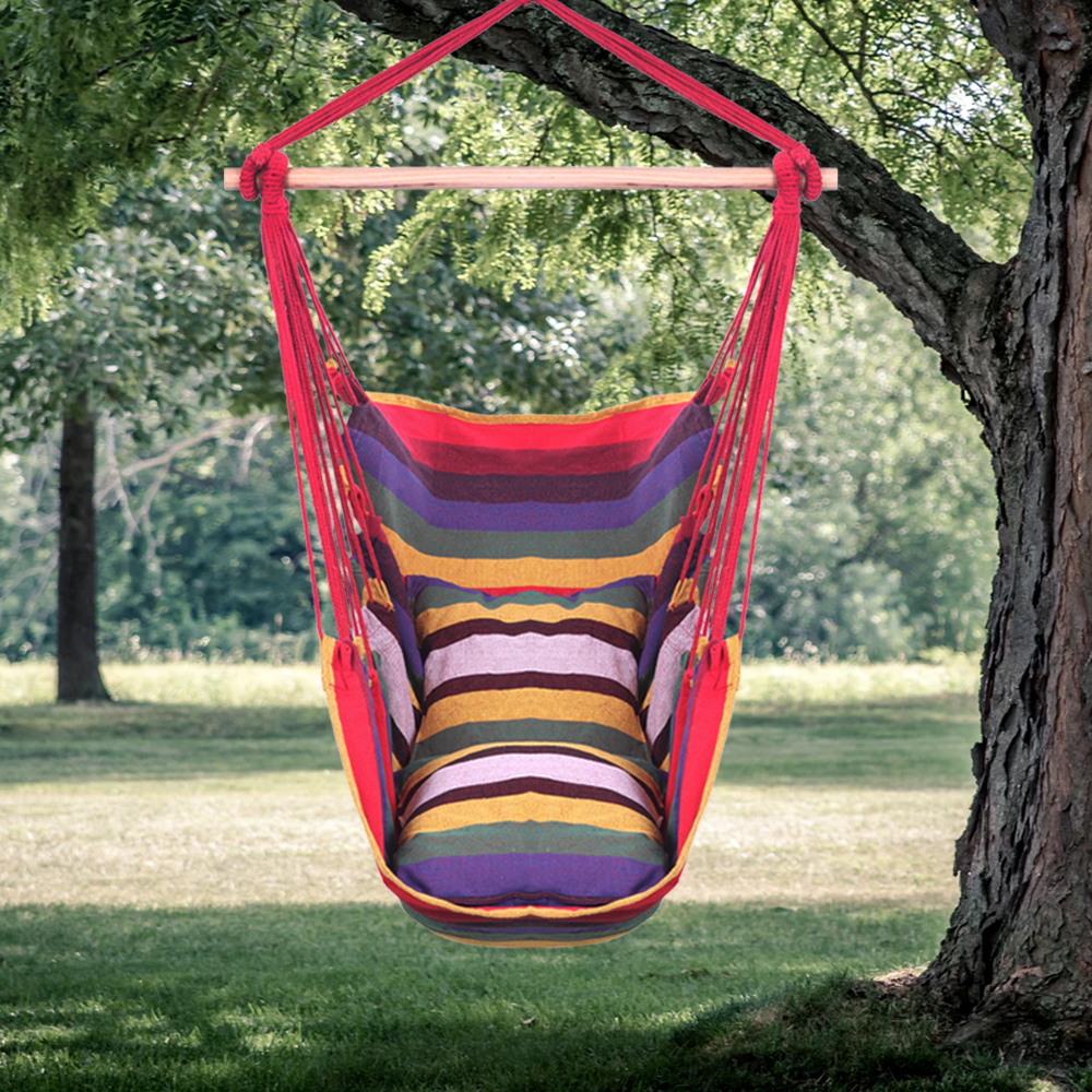 

WACO Hanging Rope Hammock Chair Swing Seat Garden Supplies for Any Indoor or Outdoor Spaces- Max. 265 Lbs Cushions Included Rainbow