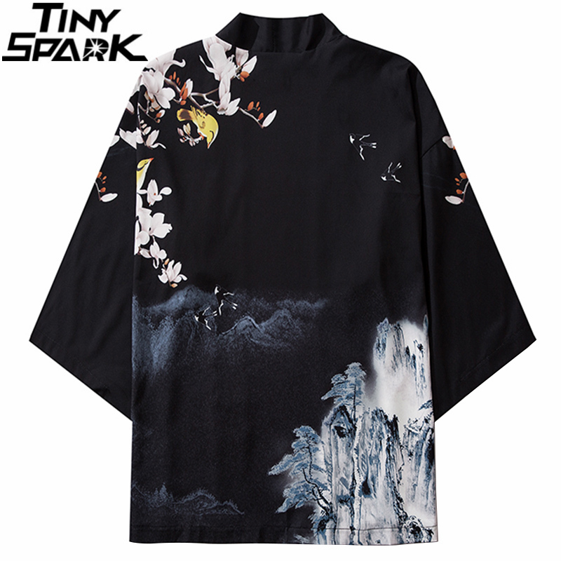 

Japanese Kimono Jacket Mountain Painting Print 2020 Men Streetwear Jacket Coat Casual Thin Gown Japan Style, A226091 black