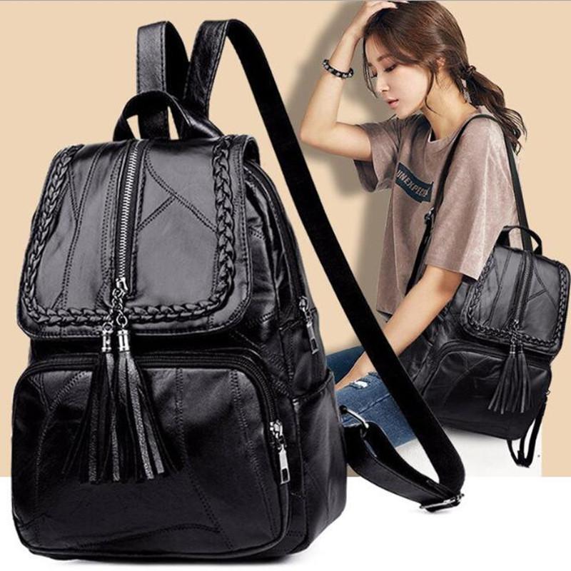 

Women's PU leather backpack School bag classic black waterproof travel multi-function Shoulder bag, Red