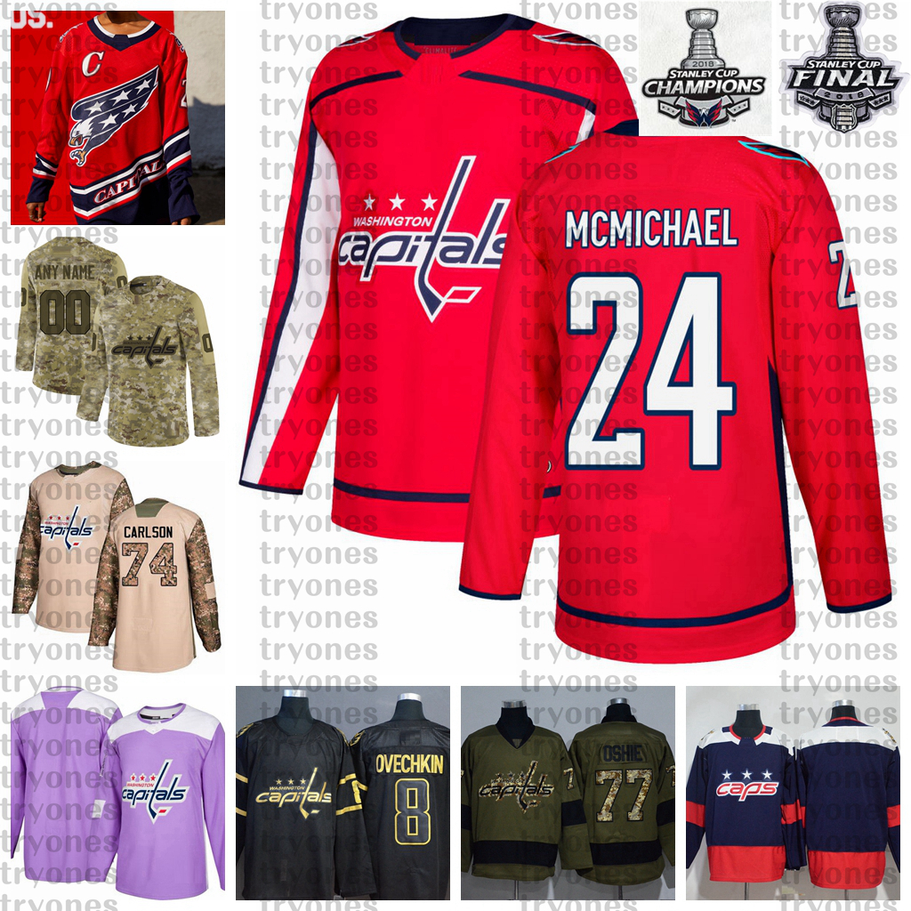 

2021 Reverse Retro Customize 24 Connor McMichael Washington Capitals Champions Hockey Jersey Golden Edition Camo Veterans Day Fights Cancer, Black;red