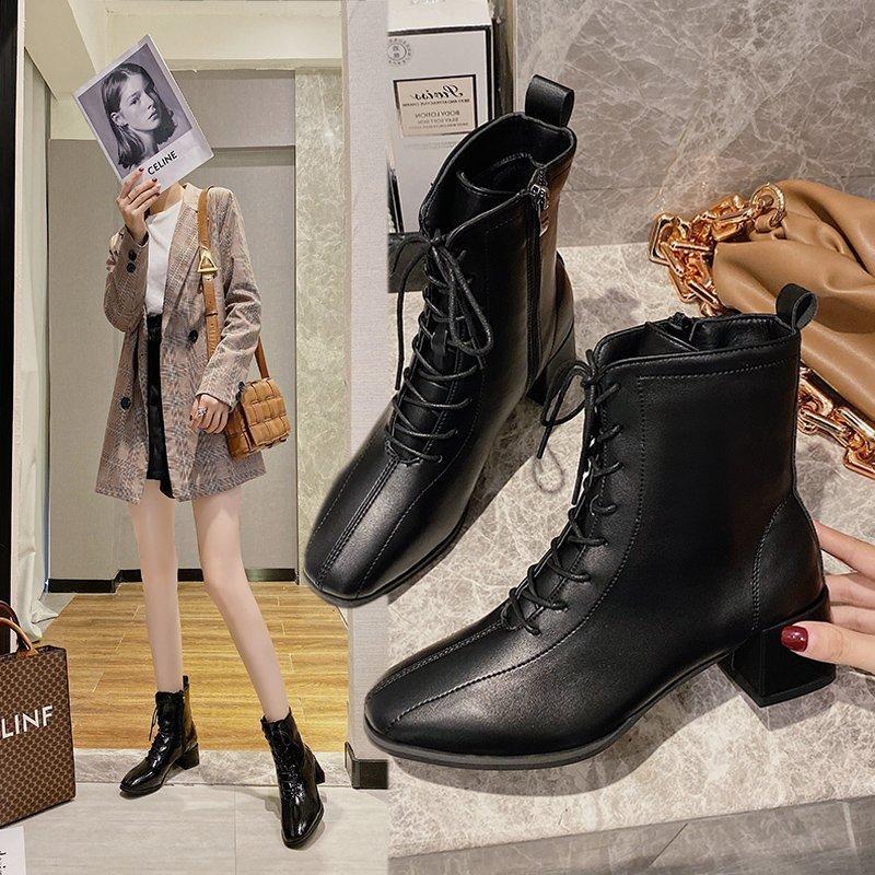 

2021 Autumn Womens Casual Boots Lace-up Ankle Boots Ladies British Motorcycle Bottes Non-slip Female Botas De Mujer, Black glossy