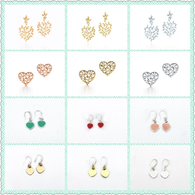 

Stud Original 100% S925 Sterling Silver Olive Leaf LOVE Heart Trendy Earrings Women Logo Fine High-End Jewelry