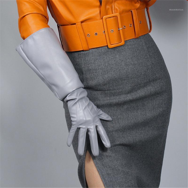 

Female Leather Gloves 50cm Long Simulation Leather Silver Gray Light Gray Large Sleeve PUQHSD501