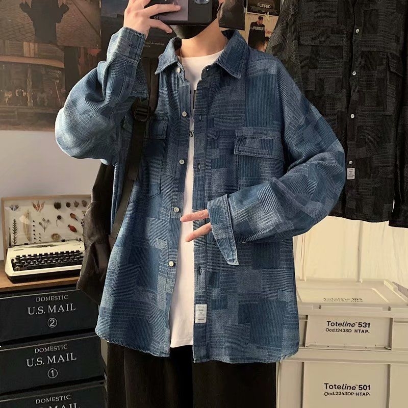 

2021 New Spring Denim Male Hawaiian Shirt with Long Sleeves Retro Loose Blue Newly Arrived HHDB 6731