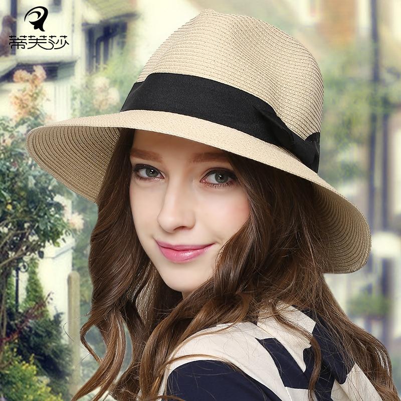 

Wide Brim Hats Summer Beach Women Sun Straw Hat Elegant Cap For UV Protection Black Bow Travel B-7676, Khaki