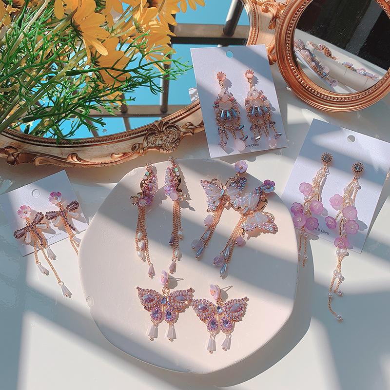

New style purple tassel Women's earrings women French retro all-match butterfly Stud earrings 2021 popular female accessories