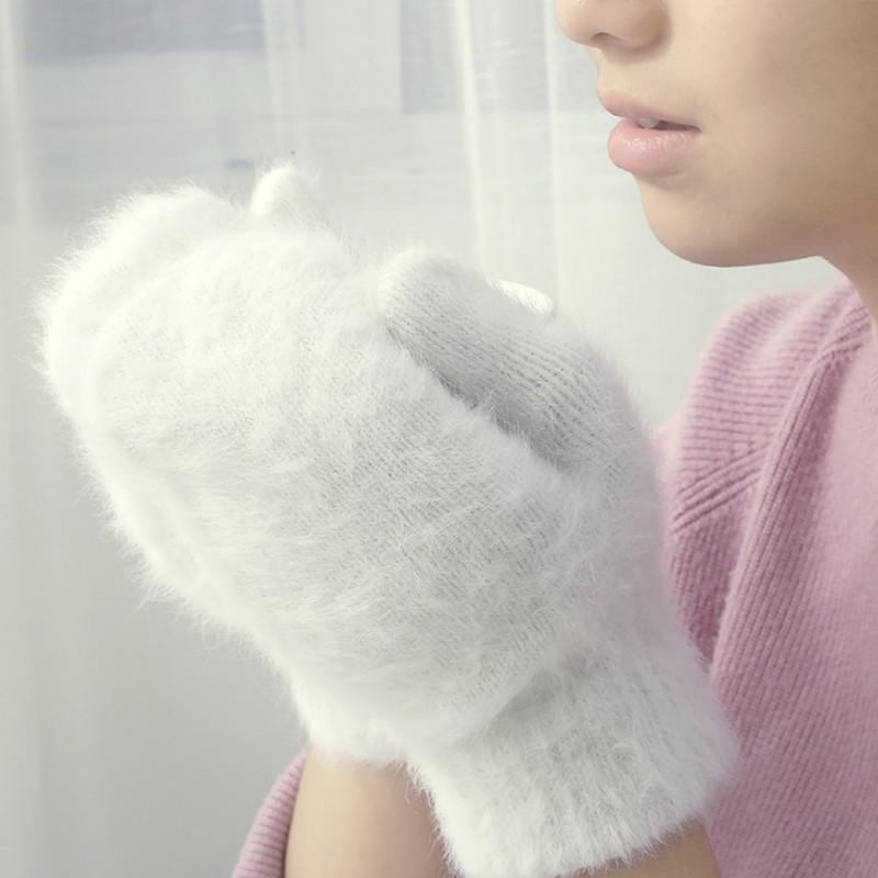

Women Winter Thick Knitted Cashmere Double Layer Plush Wool Knit Warm Mittens Female Cute Full Fingers Gloves Girls Mittens
