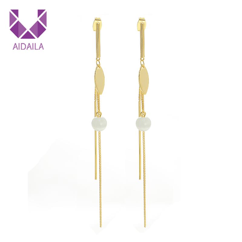 

Women Long Dangle Drop Earrings with Opal and Leaves Shape Chains Korean Style for Office Ladies Earrings New Jewelry