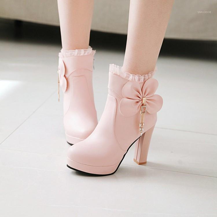 

PXELENA Hot Sweet Ankle Boots Ladies Shoes Women Wedding Boots White Pink Black Bowtie Ruffles High Heels Short Boot Shoes 34-431