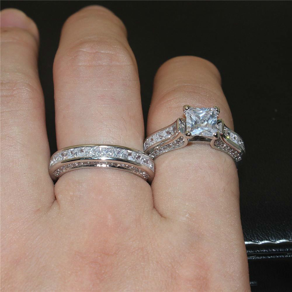 

New Year's gift Sterling Silver Jewelry Set Square Topaz CZ Simulated Diamond Gemstone Rings Sets Wedding Band Ring Finger For Women