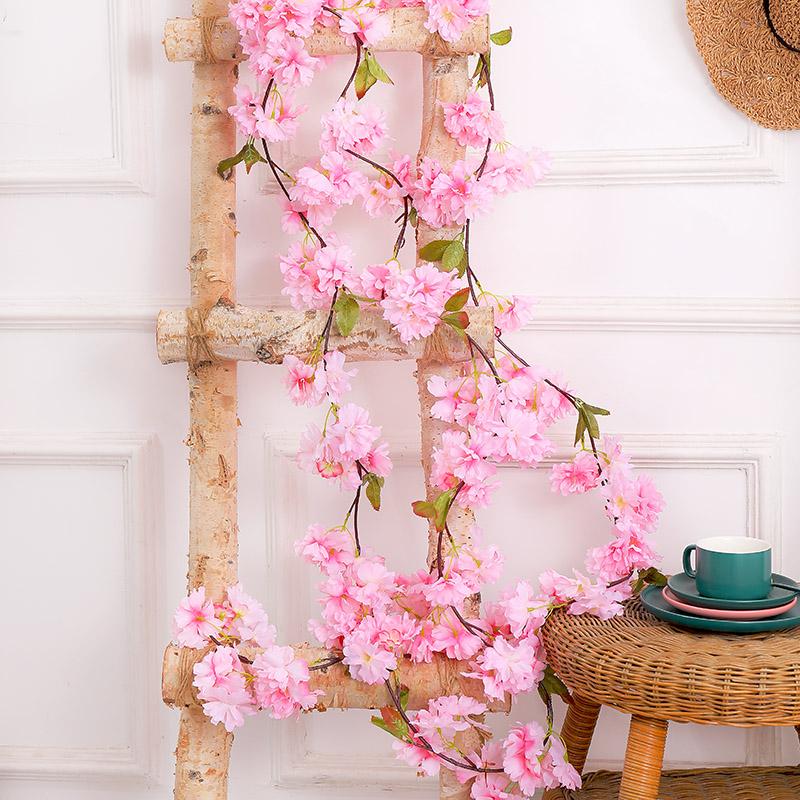 

177cm Fake Cherry Blossom Vine Silk Artificial Sakura Flower Wall Garland Hanging DIY Party Decor Wedding Home Decoration Flower, Pink