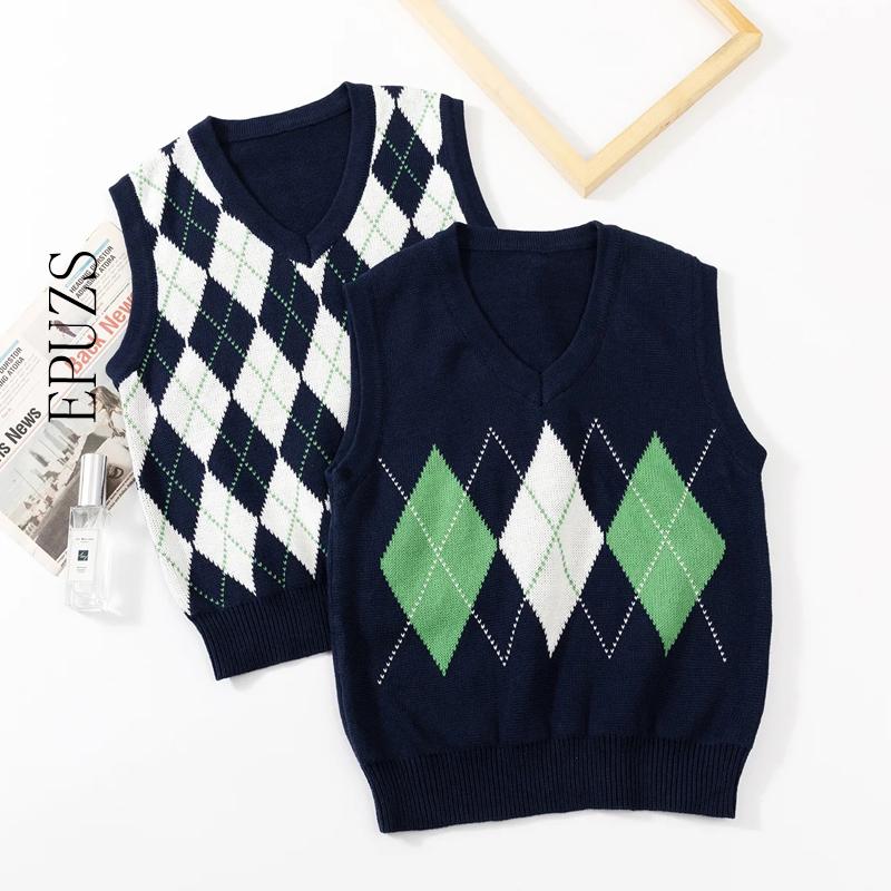 

Fall 2020 knitted tank top women vintage argyle sweater vest women knit vest top cropped sweater vests plaid korean, Brown