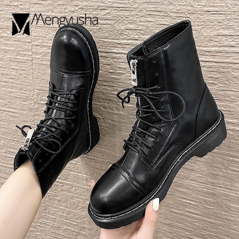 

Two Ways front zipper riding boots women winter cotton shoes student lace-up motorcycle booties mid-calf short botas mujer 35-431, Black plush