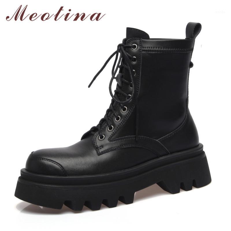 

Meotina Motorcycle Boots Women Shoes Genuine Leather Flat Platform Ankle Boots Lace Up Short Ladies Autumn Winter White 431, Black synthetic lin