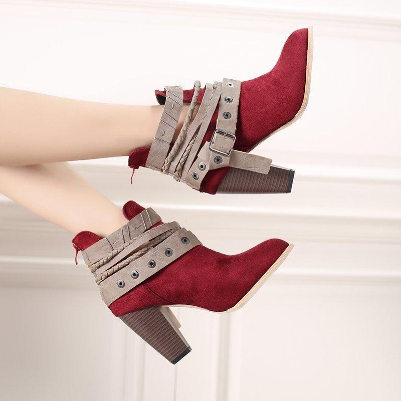 

2020 Women Boots Autumn Winter Boots Classic Multi Band Snow Ankle Winter Suede Warm High Heels Women Shoes 35-431, Red