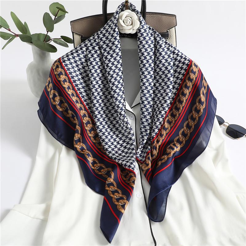 

Plaid Women Silk Square Scarf for Neck Hijab 2020 Design Headband Shawl Wraps Female Foulard Bandana Large Scarves Tie