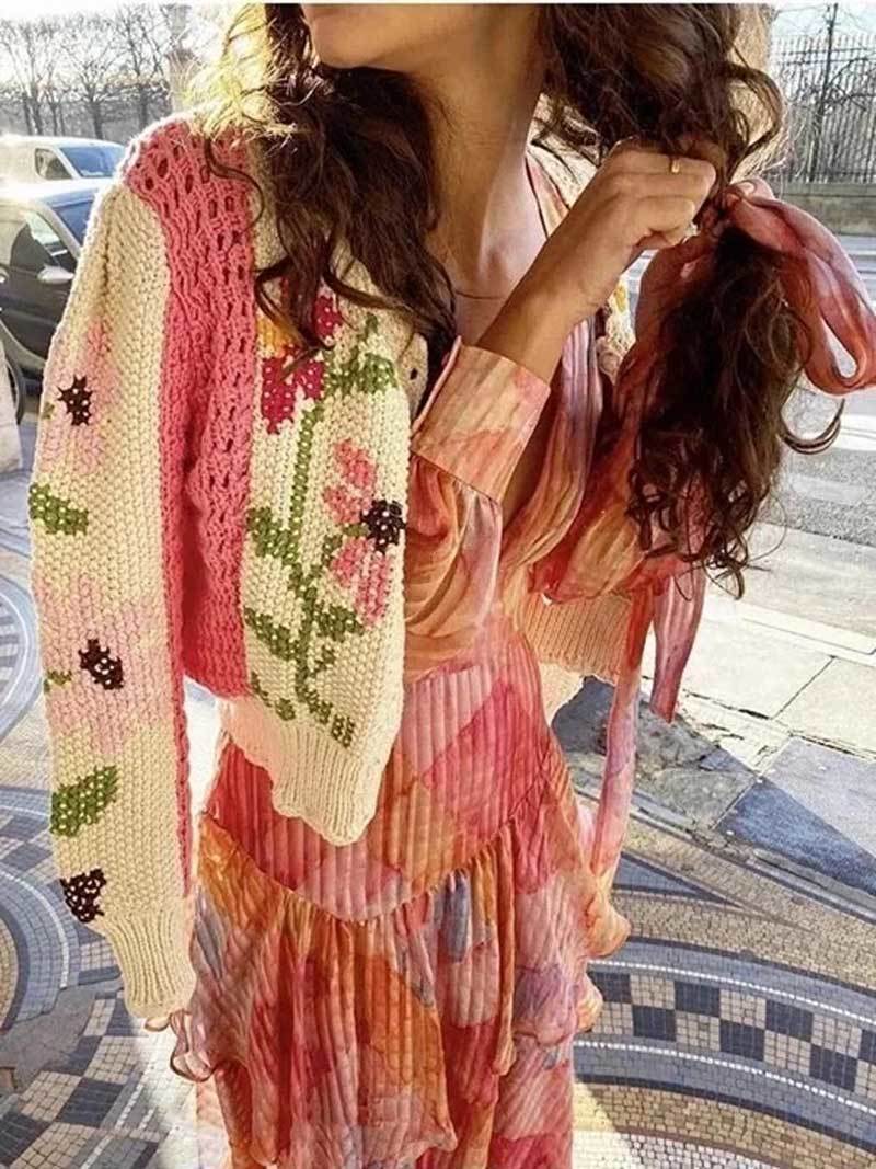 Boho Inspiré Crochet Floral Cardigan Pour Femmes À Manches Longues Crop Mignon Cardigan Rose Pull Femmes Tricoter Boho Cardigan D'hiver LJ201112